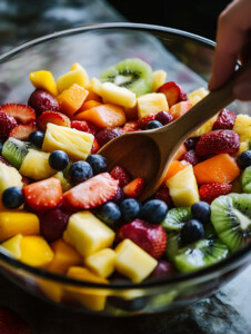 In a large mixing bowl, combine all the chopped fruits and blueberries.