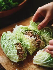 Lay a cabbage leaf on a flat surface. Place 2 tablespoons of the meat mixture near the base, fold in the sides, and roll up tightly like a burrito.