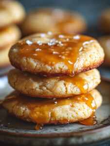 Allow cookies to cool slightly, then drizzle with caramel sauce and sprinkle with sea salt if desired.