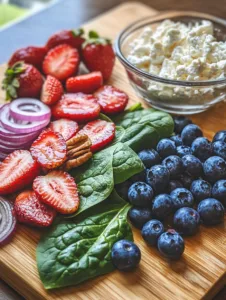 Wash and dry the spinach, strawberries, and blueberries. Slice the strawberries and red onion.