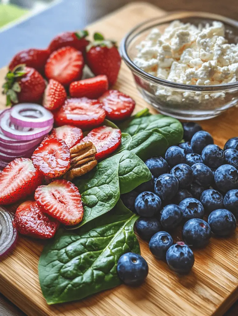 Wash and dry the spinach, strawberries, and blueberries. Slice the strawberries and red onion.