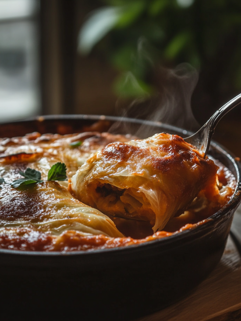 Cover with foil and bake at 350°F (175°C) for 1.5 to 2 hours until the cabbage is tender and the filling is fully cooked.