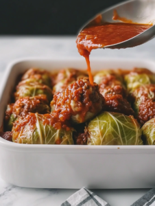 In a saucepan, mix crushed tomatoes, tomato paste, brown sugar, Worcestershire sauce, and broth. Simmer for 5 minutes, then pour over the cabbage rolls.