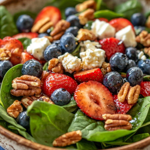 Best Strawberry & Blueberry Spinach Salad with Pecans and Feta