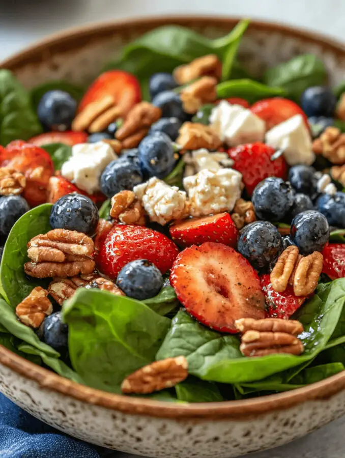 Best Strawberry & Blueberry Spinach Salad with Pecans and Feta
