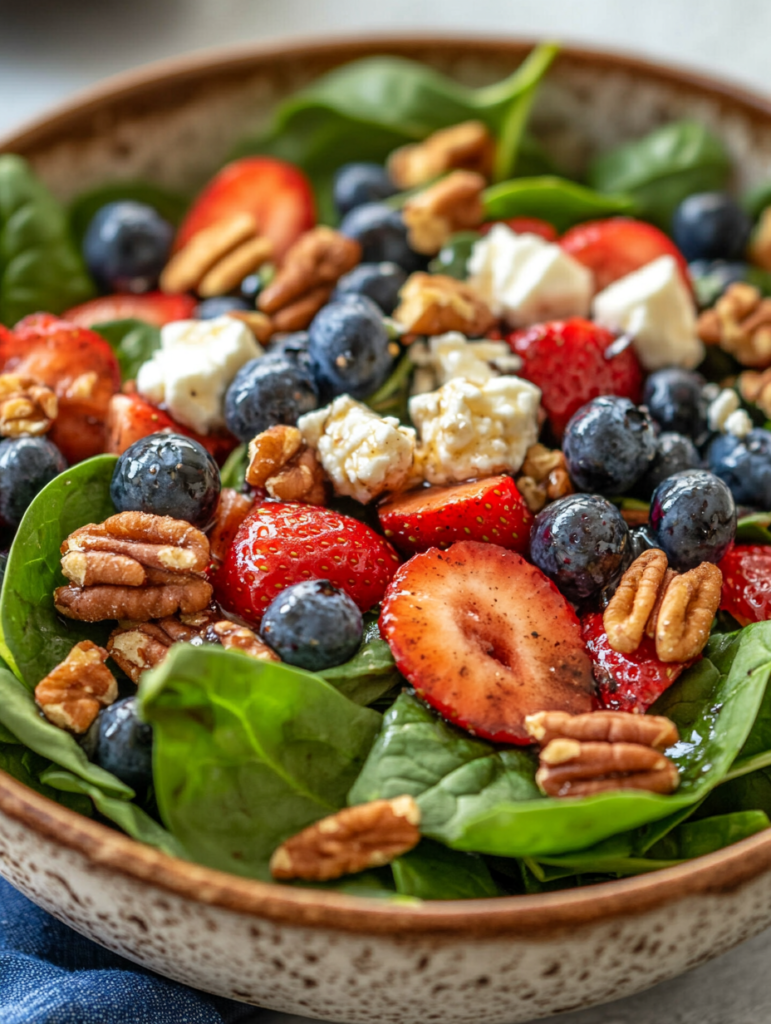 Best Strawberry & Blueberry Spinach Salad with Pecans and Feta