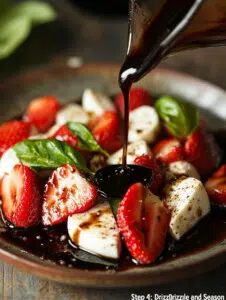 On a serving plate, alternate slices of strawberries and mozzarella. Tuck in fresh basil leaves between each.
