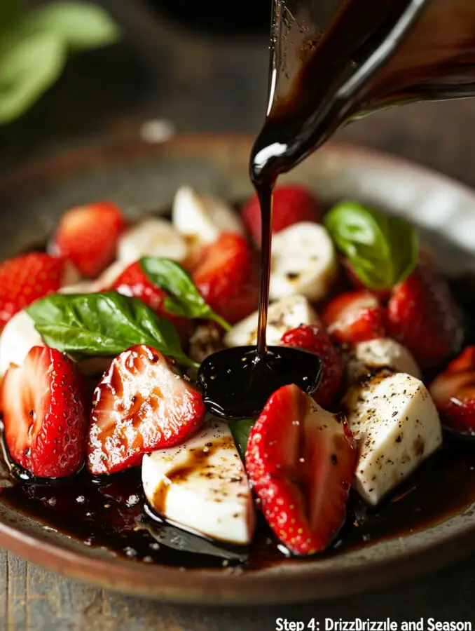 On a serving plate, alternate slices of strawberries and mozzarella. Tuck in fresh basil leaves between each.