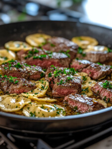 Return the cooked steak to the skillet. Add the remaining tablespoon of butter and gently toss everything together until well coated in the garlic butter sauce.