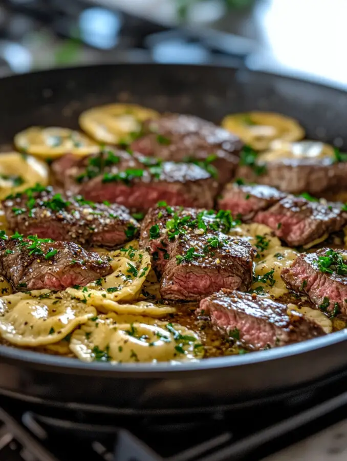 Return the cooked steak to the skillet. Add the remaining tablespoon of butter and gently toss everything together until well coated in the garlic butter sauce.