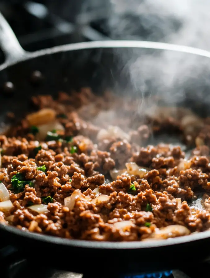 In a skillet, sauté chopped onions and minced garlic. Add ground beef, season with salt and pepper, and cook until browned.