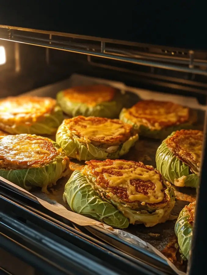 Bake in a preheated oven at 400°F (200°C) for 25–30 minutes, flipping halfway through, until the cabbage is browned and crispy.