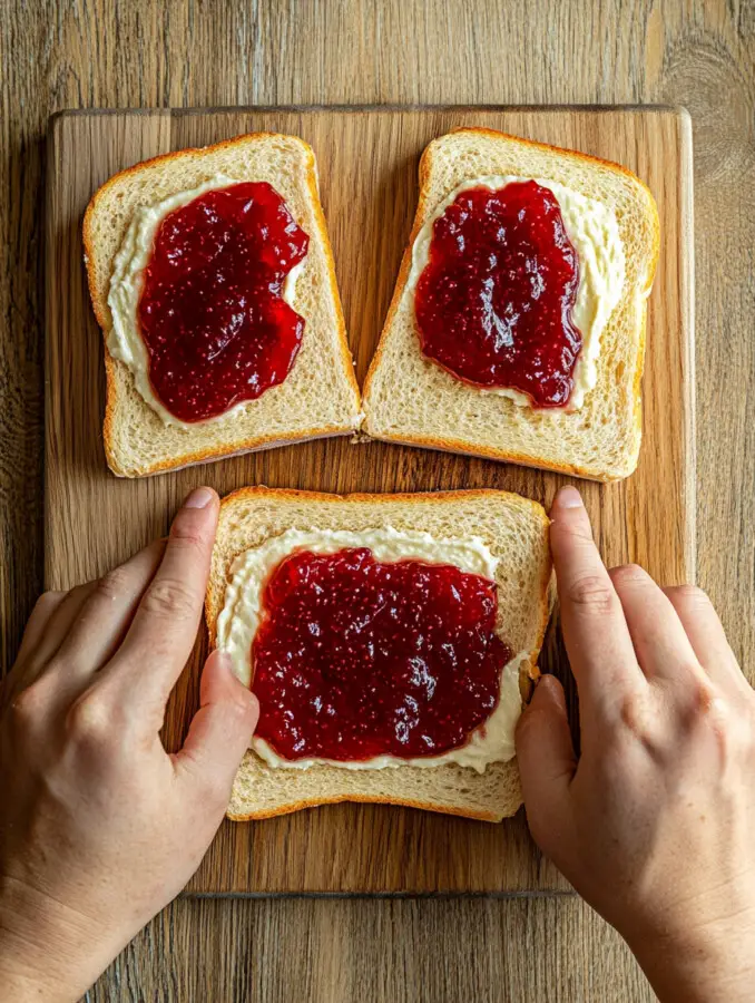 Spread the cheesecake filling on four slices of bread and strawberry jam on the remaining slices. Sandwich them together.