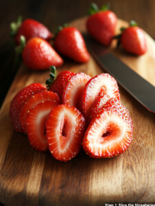 Rinse and slice the fresh strawberries into halves or thin rounds.