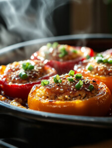 Fill the pre-baked peppers with the mixture. Place in a baking dish, cover with foil, and bake for 20 minutes.