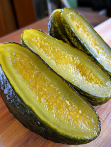 Pat the pickles dry using paper towels and slice them in half lengthwise. Use a melon baller to scoop out the center of each half.