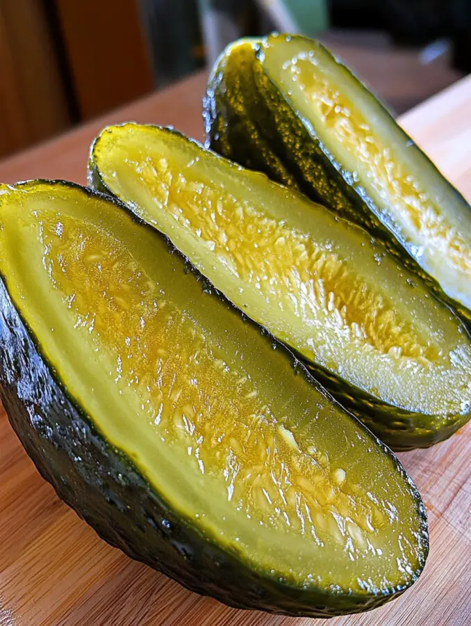 Pat the pickles dry using paper towels and slice them in half lengthwise. Use a melon baller to scoop out the center of each half.