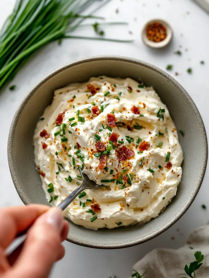 In a bowl, mix cream cheese, crumbled bacon, garlic powder, chives, salt, pepper, and red chili flakes (if using) until smooth.