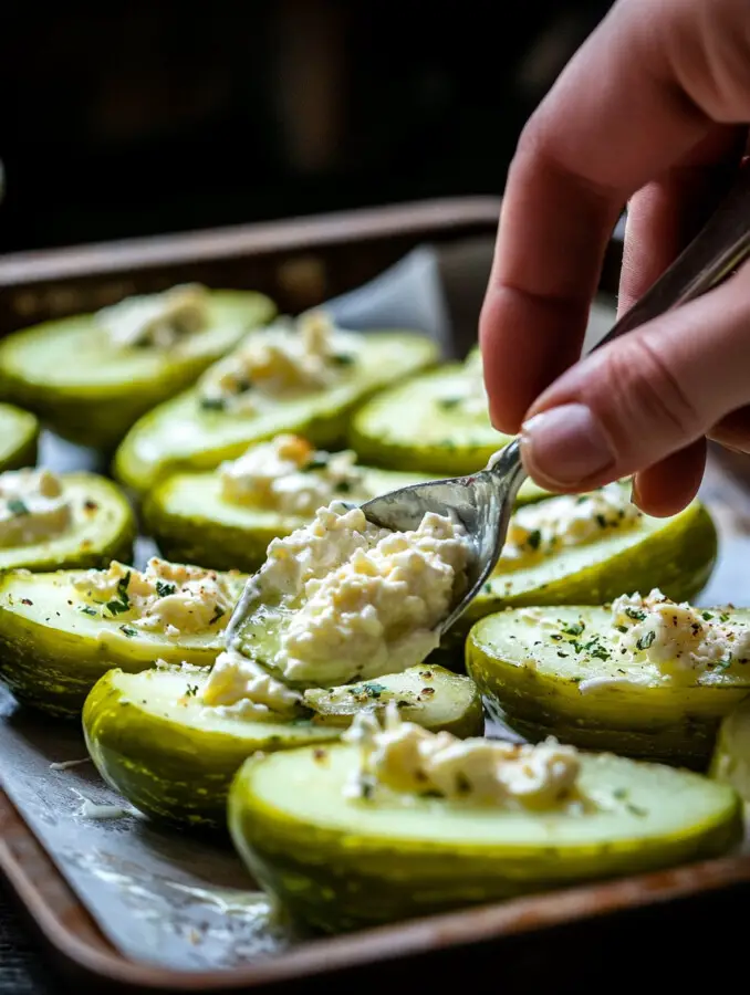 Fill each pickle half with the cream cheese mixture, leveling the top.