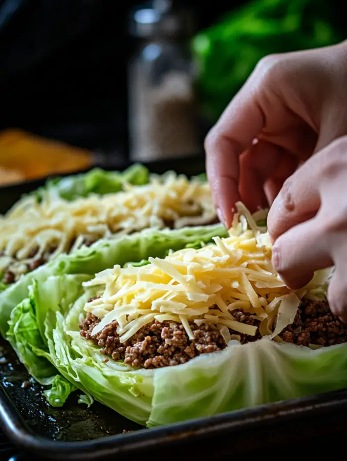 Top half of the cabbage slices with a spoonful of beef mixture and shredded cheese. Cover with another cabbage slice like a sandwich.