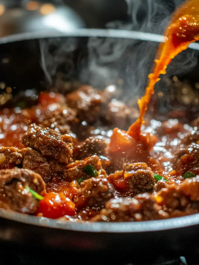 Stir in garlic and tomato paste. Cook 2 minutes. Add wine and reduce by half.