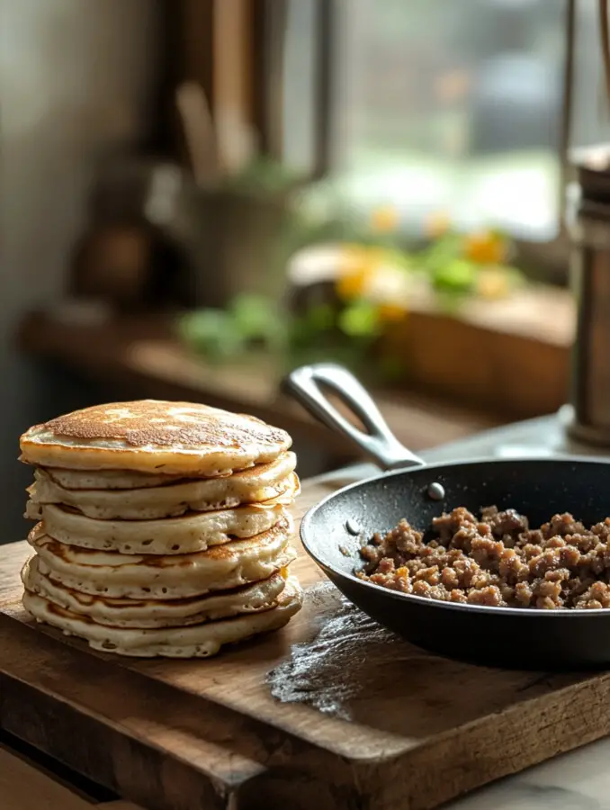 Layer the bottom of the dish with pancakes. Top evenly with cooked sausage and shredded cheese (if using).