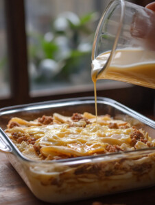Pour the egg mixture over the layered ingredients in the baking dish. Let it sit for 10–15 minutes (or refrigerate overnight).