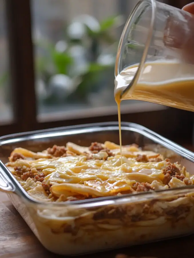 Pour the egg mixture over the layered ingredients in the baking dish. Let it sit for 10–15 minutes (or refrigerate overnight).