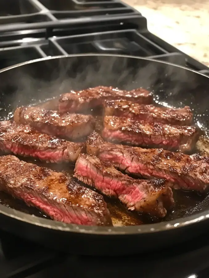 Season the steak strips with salt and pepper. In a large skillet over medium-high heat, melt 1 tablespoon of butter. Add the steak and sear for 2–3 minutes per side until browned. Remove and set aside.