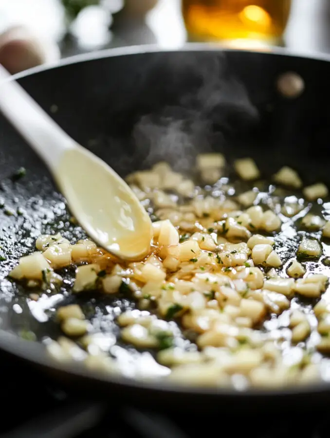 Reduce heat to medium. Add 2 tablespoons of butter to the skillet along with the minced garlic and chopped shallot (if using). Sauté for 1–2 minutes until fragrant and golden.