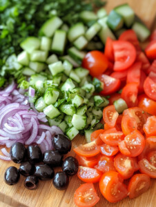 While pasta is cooking, prepare the vegetables: halve the cherry tomatoes, dice the cucumber, slice the olives and red onion, and chop the parsley.