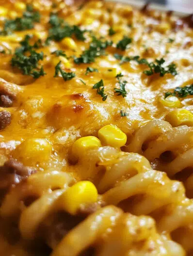 Loaded Cheddar Ranch Beef and Sweet Corn Rotini Bake