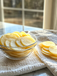 Wash and slice baby potatoes into 1/4-inch thick rounds. Place them in cold water and let soak for 15–20 minutes.