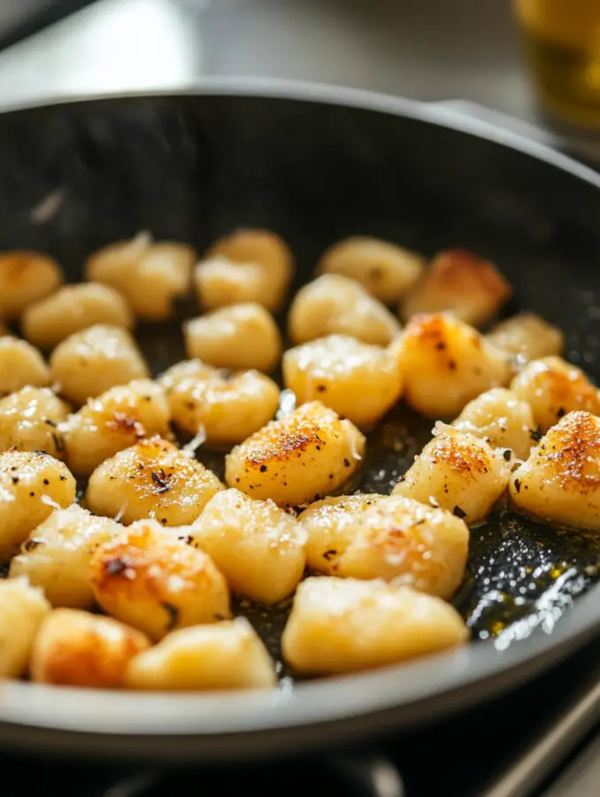 Heat 1 tbsp of olive oil in a large nonstick skillet over medium heat. Add gnocchi and cook undisturbed for 3-4 minutes until golden. Toss and cook 3 more minutes until crispy. Remove and set aside.