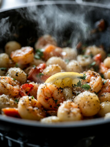 Push vegetables to one side. Add shrimp, garlic, salt, pepper, and Italian seasoning. Cook shrimp 2 minutes per side or until pink and cooked through.