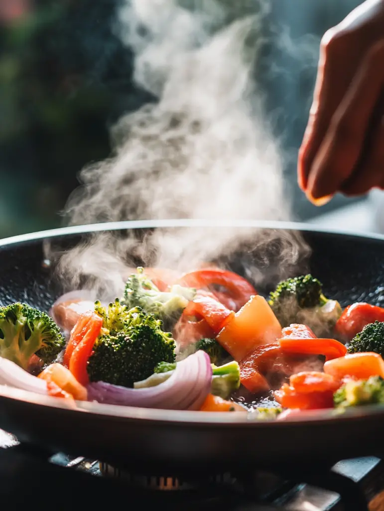 Add remaining 1 tbsp olive oil to the same skillet. Sauté red onion, bell pepper, and broccoli for 4-5 minutes until slightly softened.